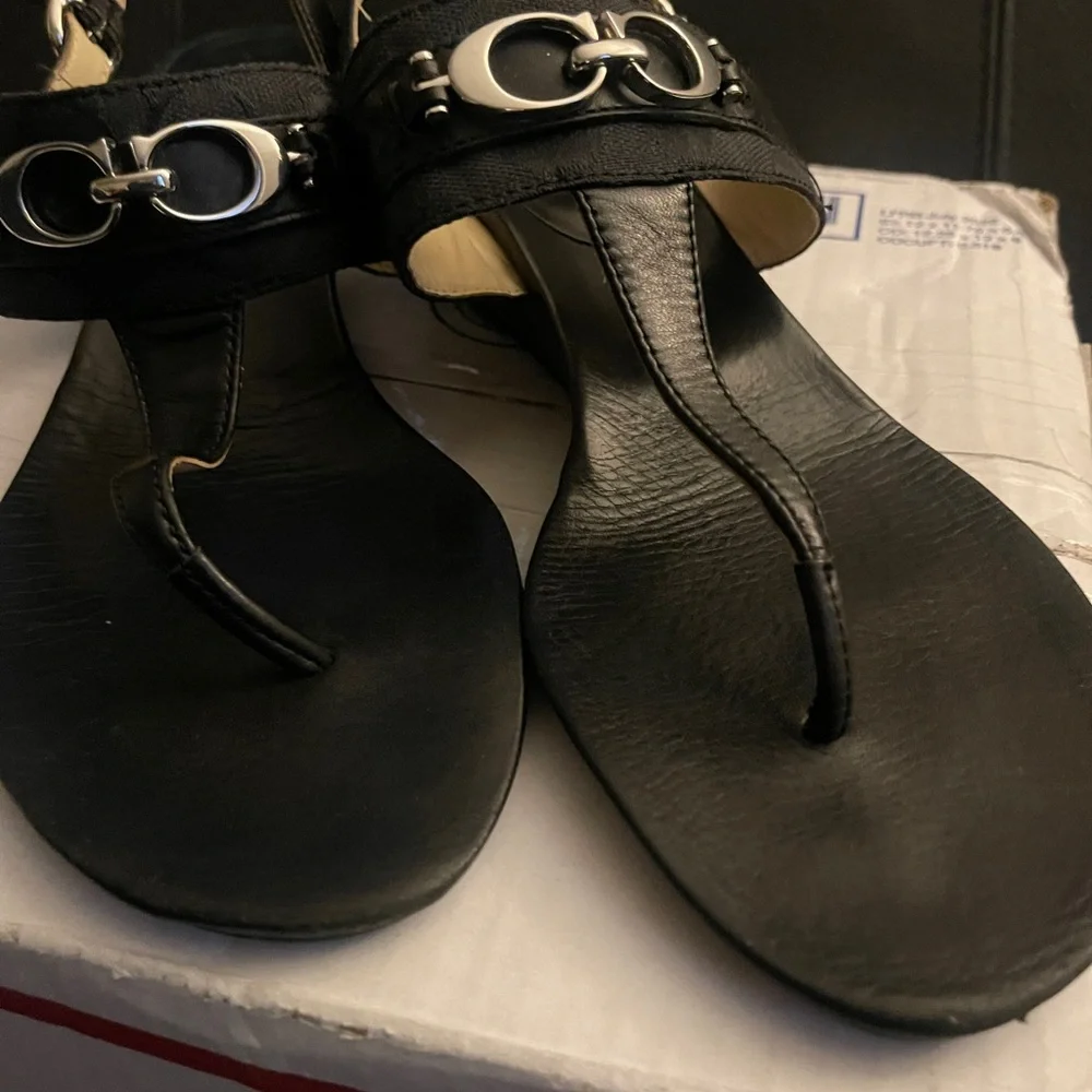 Coach Despina Black Thong Wedge Sandals with Silver Hardware Size 10B